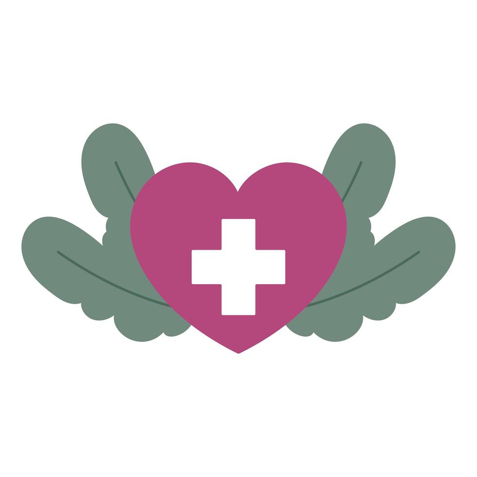 estilo de icono aislado de hoja de hierbas de cruz de corazón médico vector