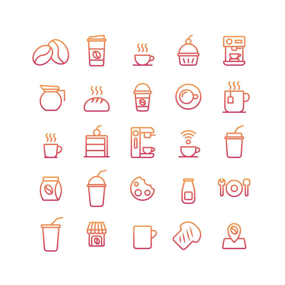 Conjunto de iconos de gradiente de cafetería. vector e ilustración.