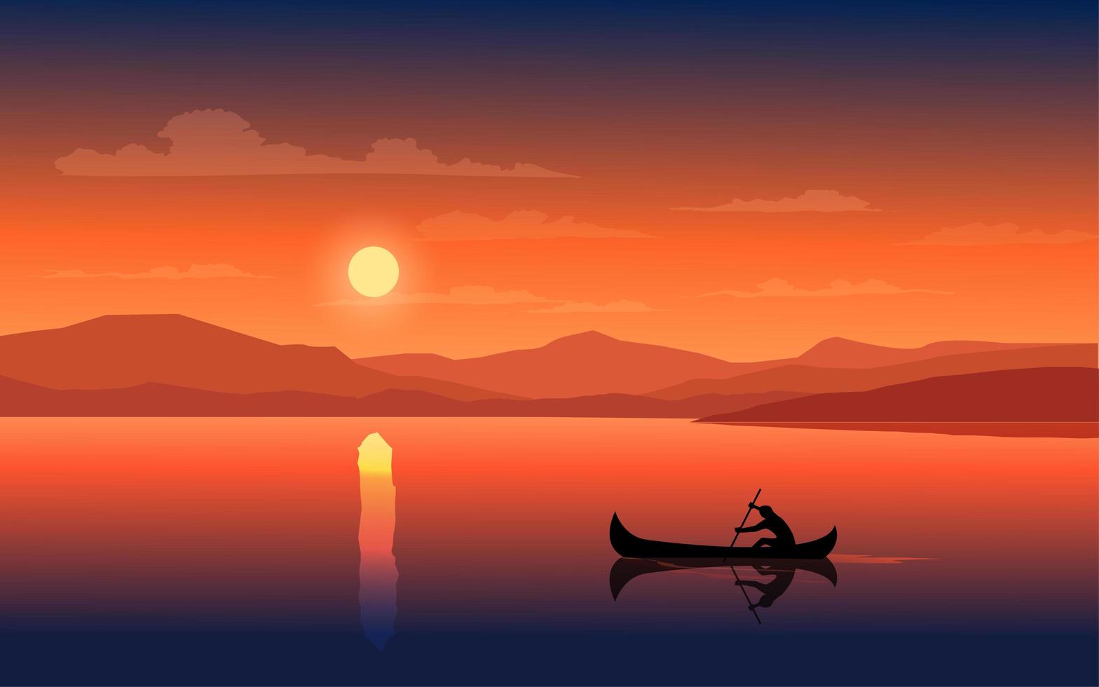 puesta de sol con hombre en canoa vector