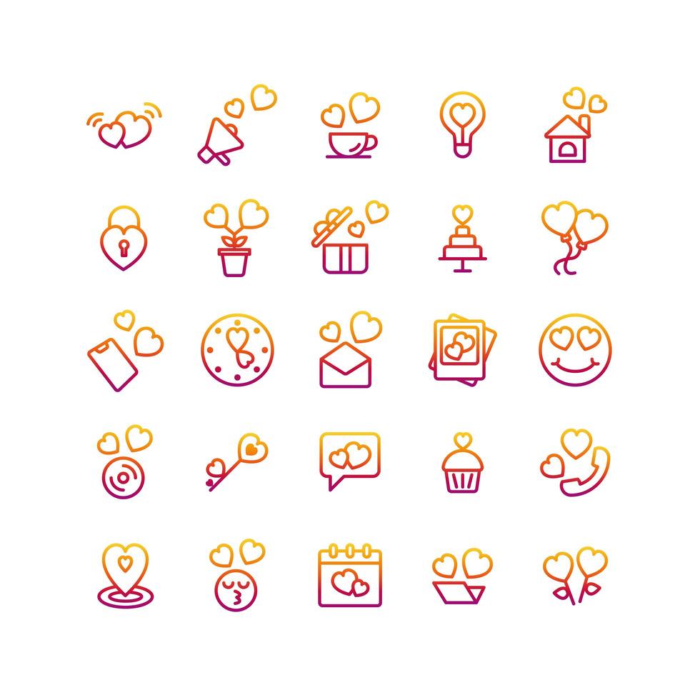 Valentines Day gradient icon set. Vector and Illustration.