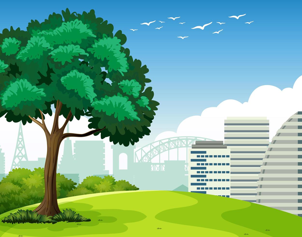 Escena al aire libre del parque con un árbol y muchos edificios en segundo plano. vector