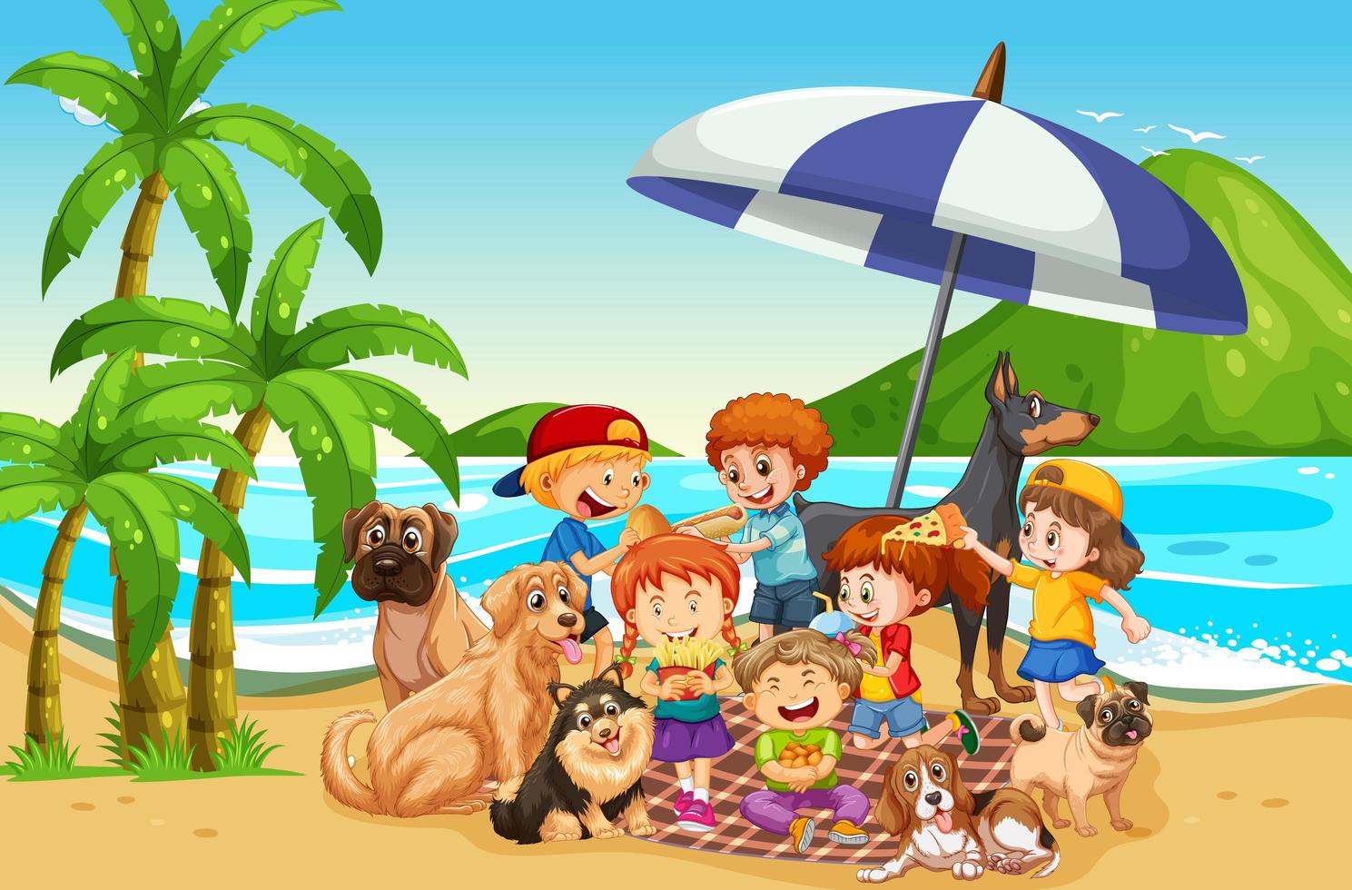 Escena de playa al aire libre con muchos niños y su mascota. vector