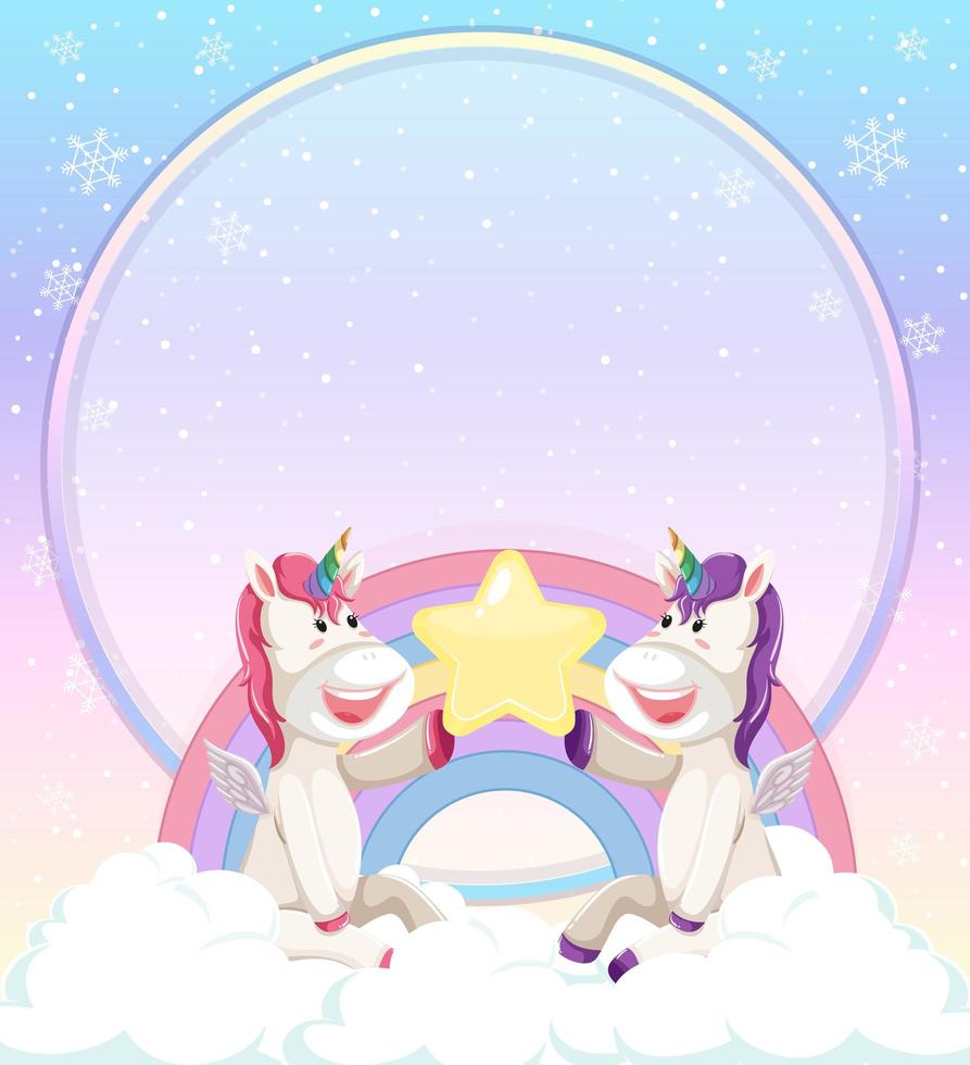 Blank banner with cute unicorns sitting on the cloud vector