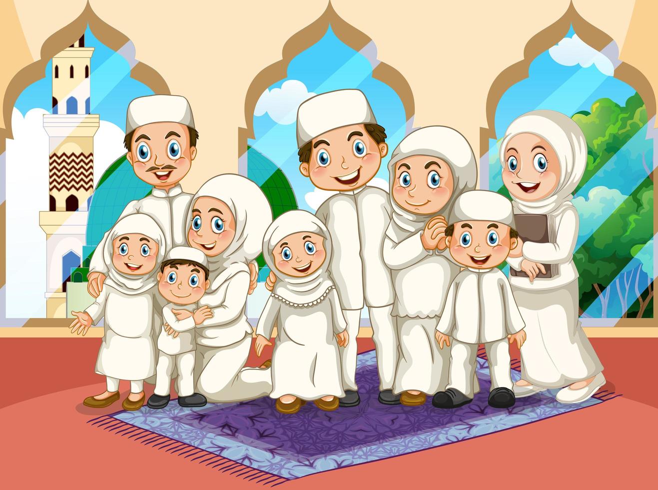 escena con personaje de dibujos animados de la familia musulmana vector