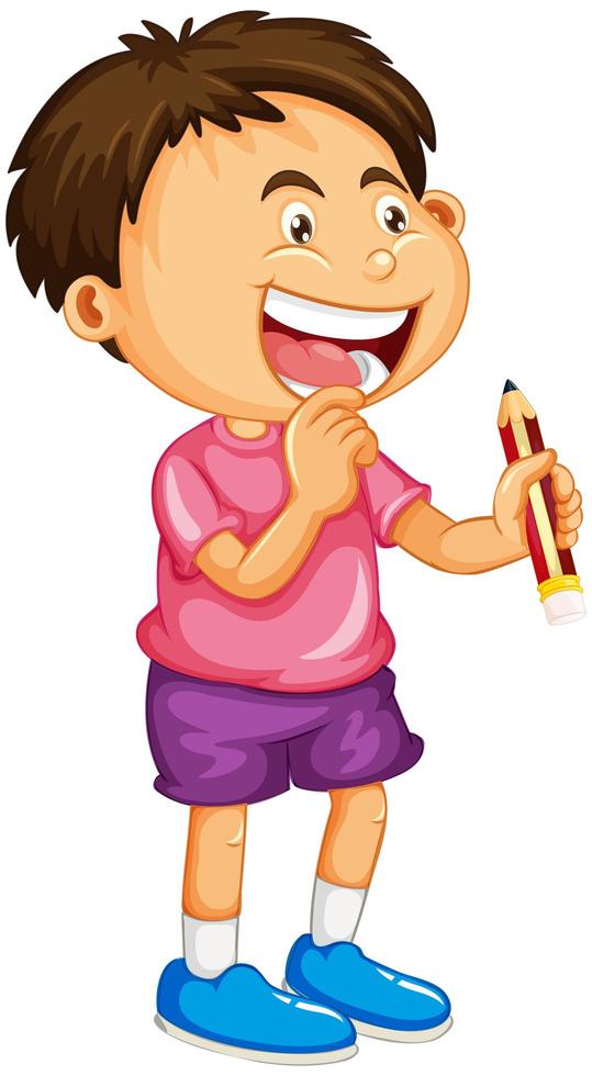 Un niño sosteniendo un personaje de dibujos animados de lápiz aislado sobre fondo blanco. vector