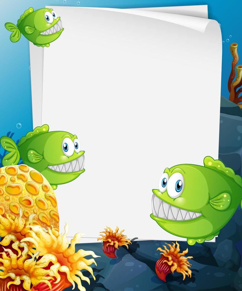 Banner de papel en blanco con peces exóticos y elementos de la naturaleza submarina en el fondo submarino vector