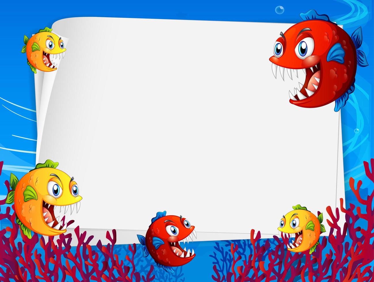 Blank paper template with exotic fishes cartoon character in the underwater scene vector