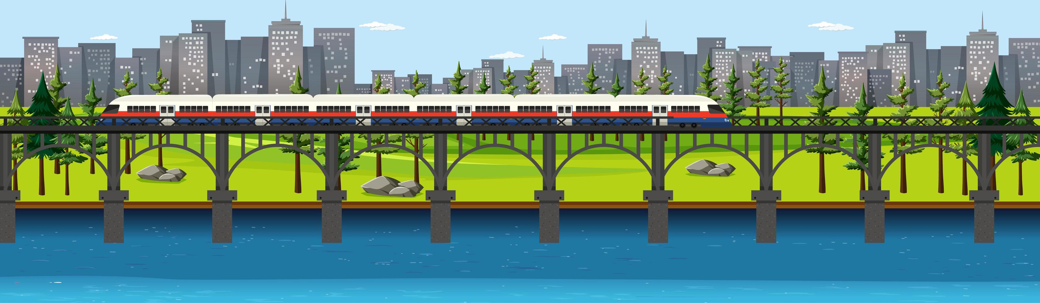 City nature park with train on skyline landscape scene vector