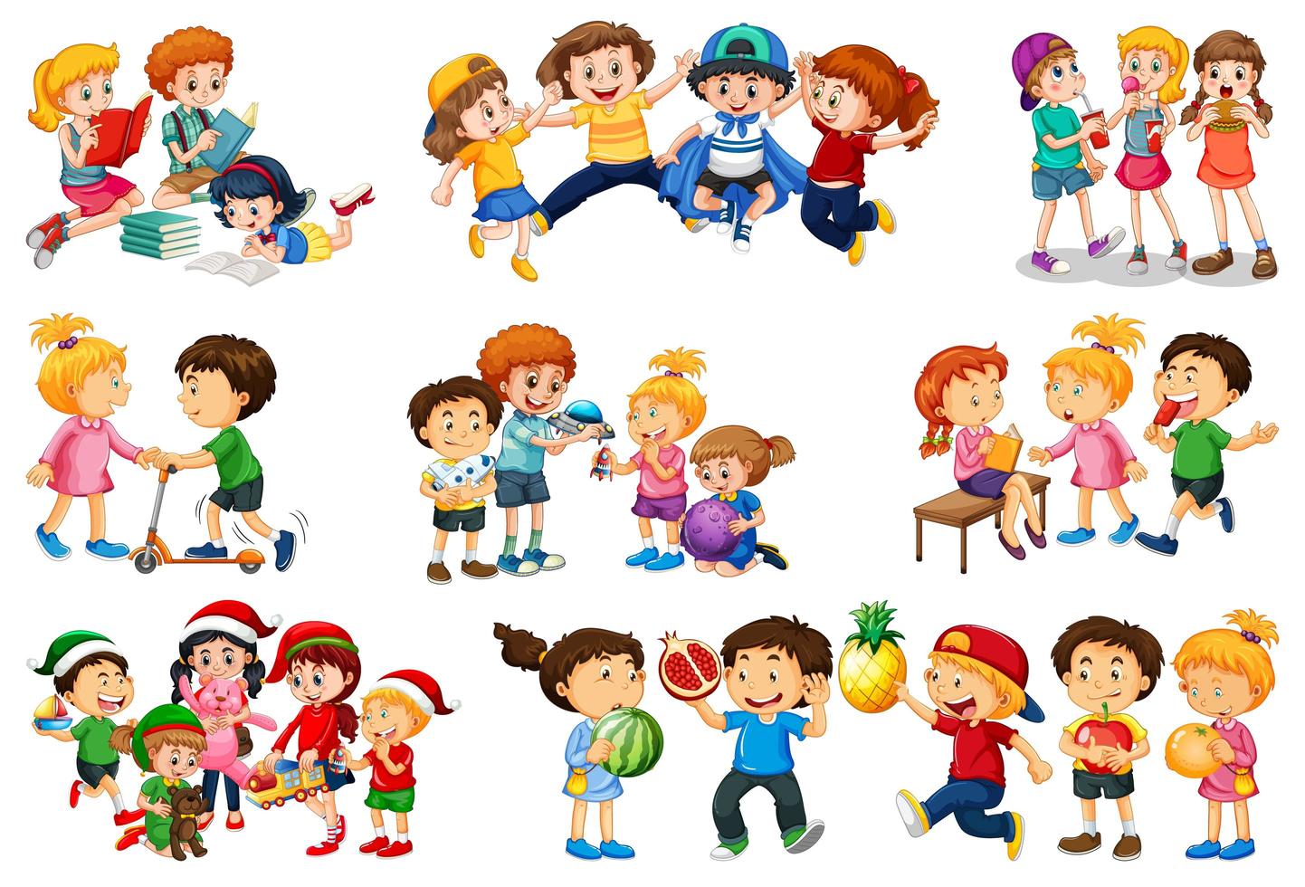 Conjunto de diferentes niños jugando con sus juguetes personaje de dibujos animados aislado sobre fondo blanco. vector