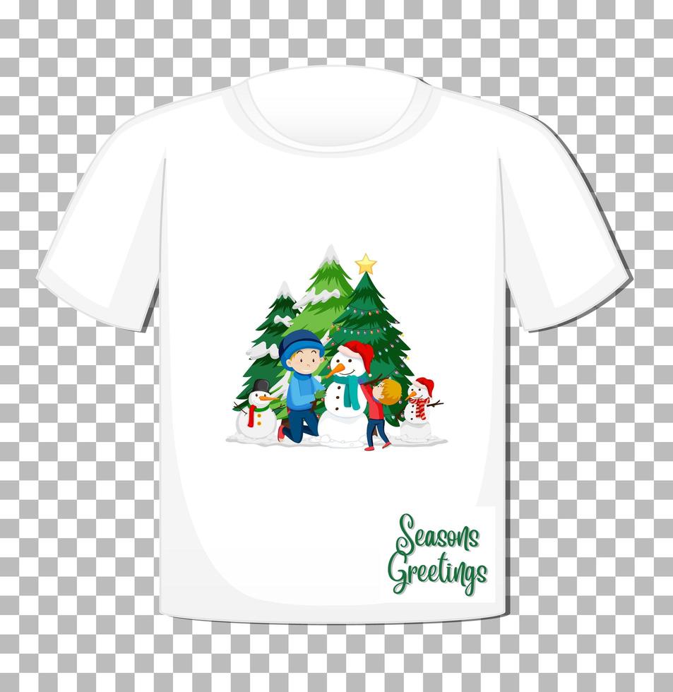 Niños jugando con muñeco de nieve en tema navideño en camiseta sobre fondo transparente vector