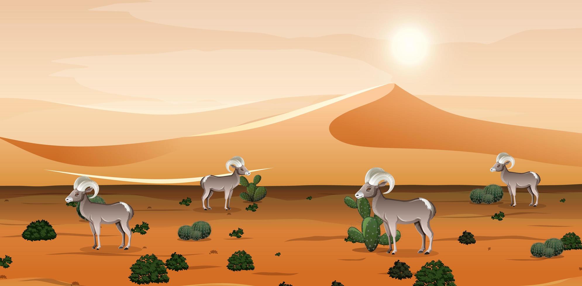 Desert with sand mountains and bighorn sheep landscape at day time scene vector