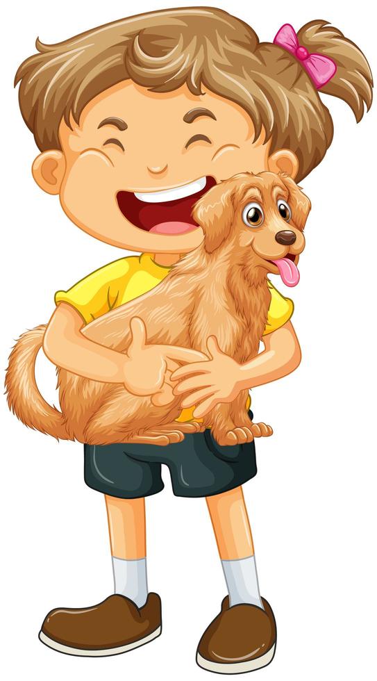 A girl holding cute dog cartoon character isolated on white background vector