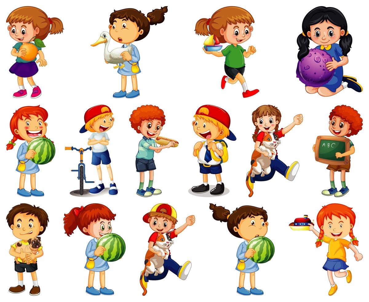 Children doing different activities cartoon character set on white background vector