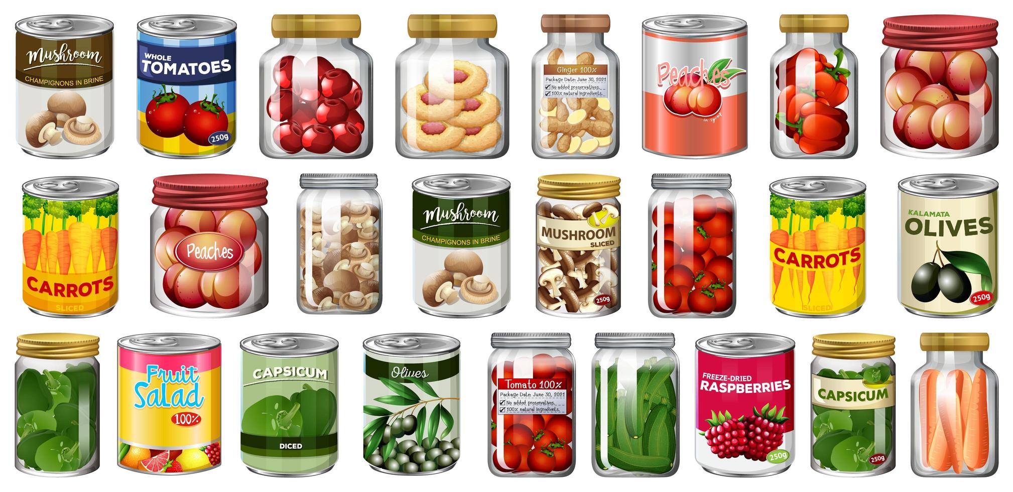 Set of different canned food and food in jars isolated vector