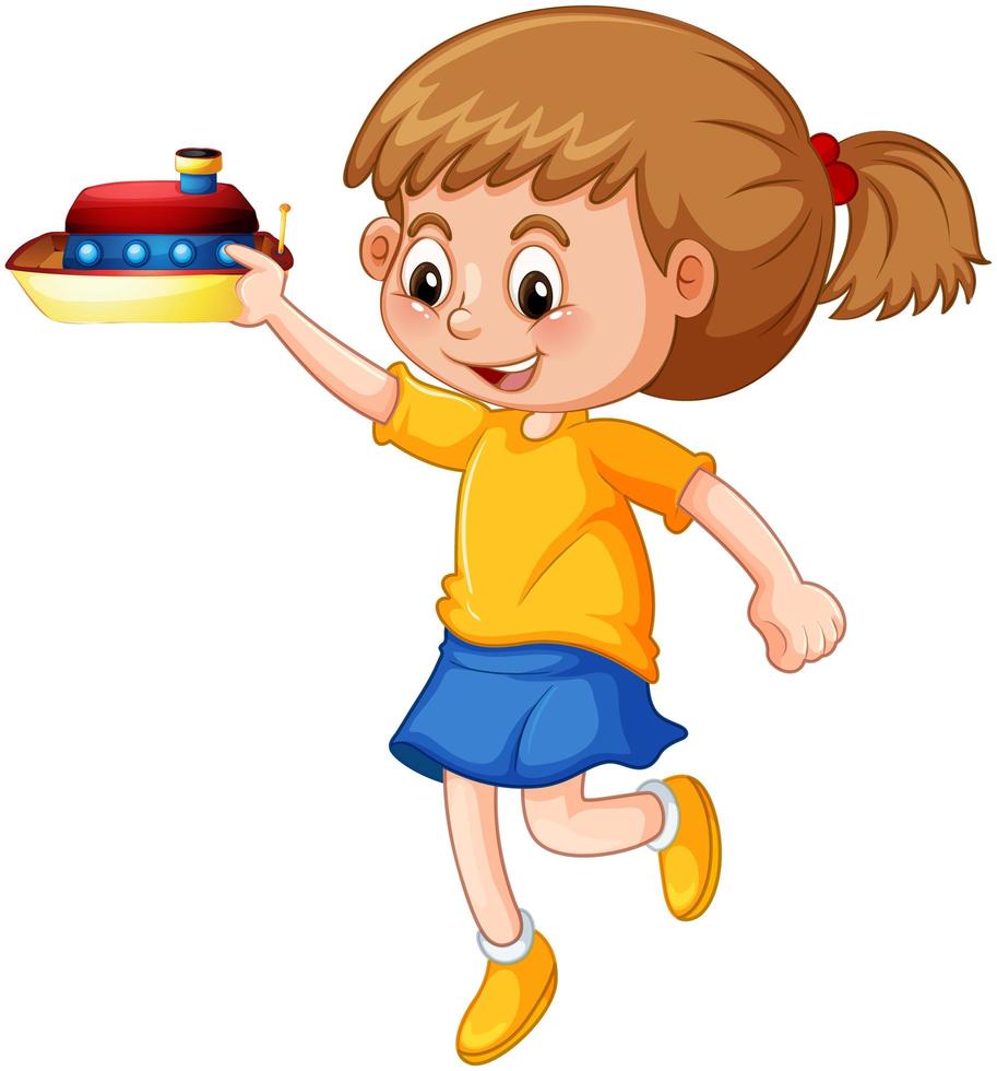 Una niña sosteniendo un personaje de dibujos animados de juguete de barco aislado sobre fondo blanco. vector