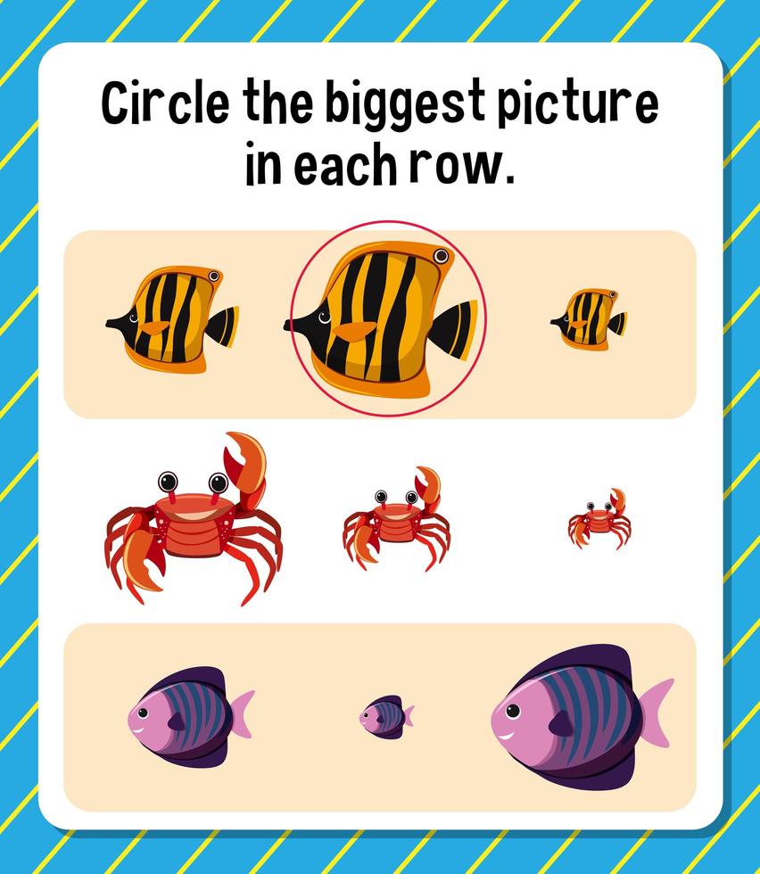 Circle the biggest picture in each row worksheet for children vector