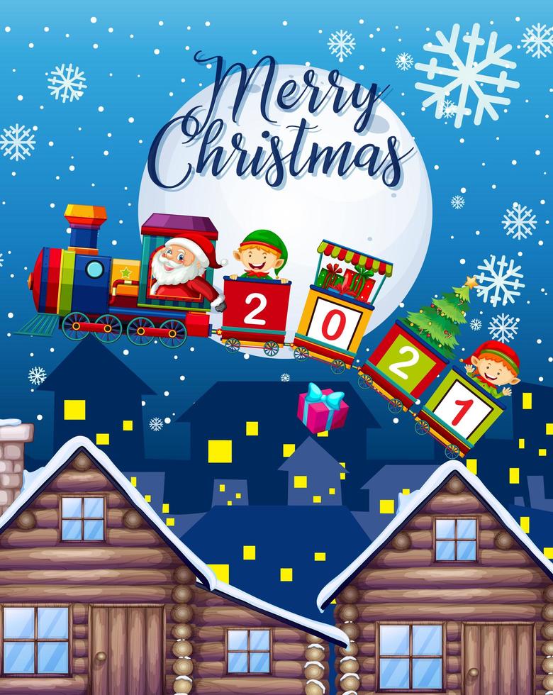 Merry Christmas font with Santa Claus and elf fly in the sky at night vector