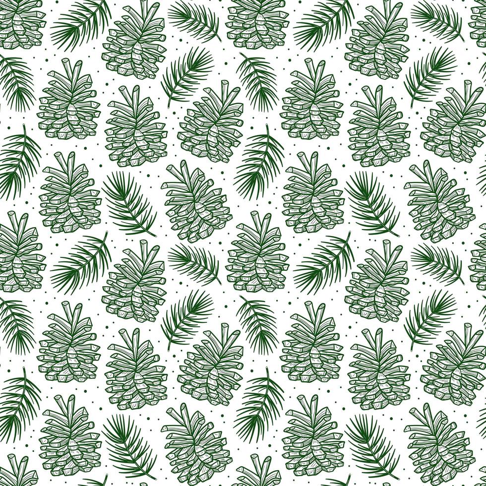 Cone with spruce branch pine tree element seamless pattern background texture. Christmas forest plant. vector
