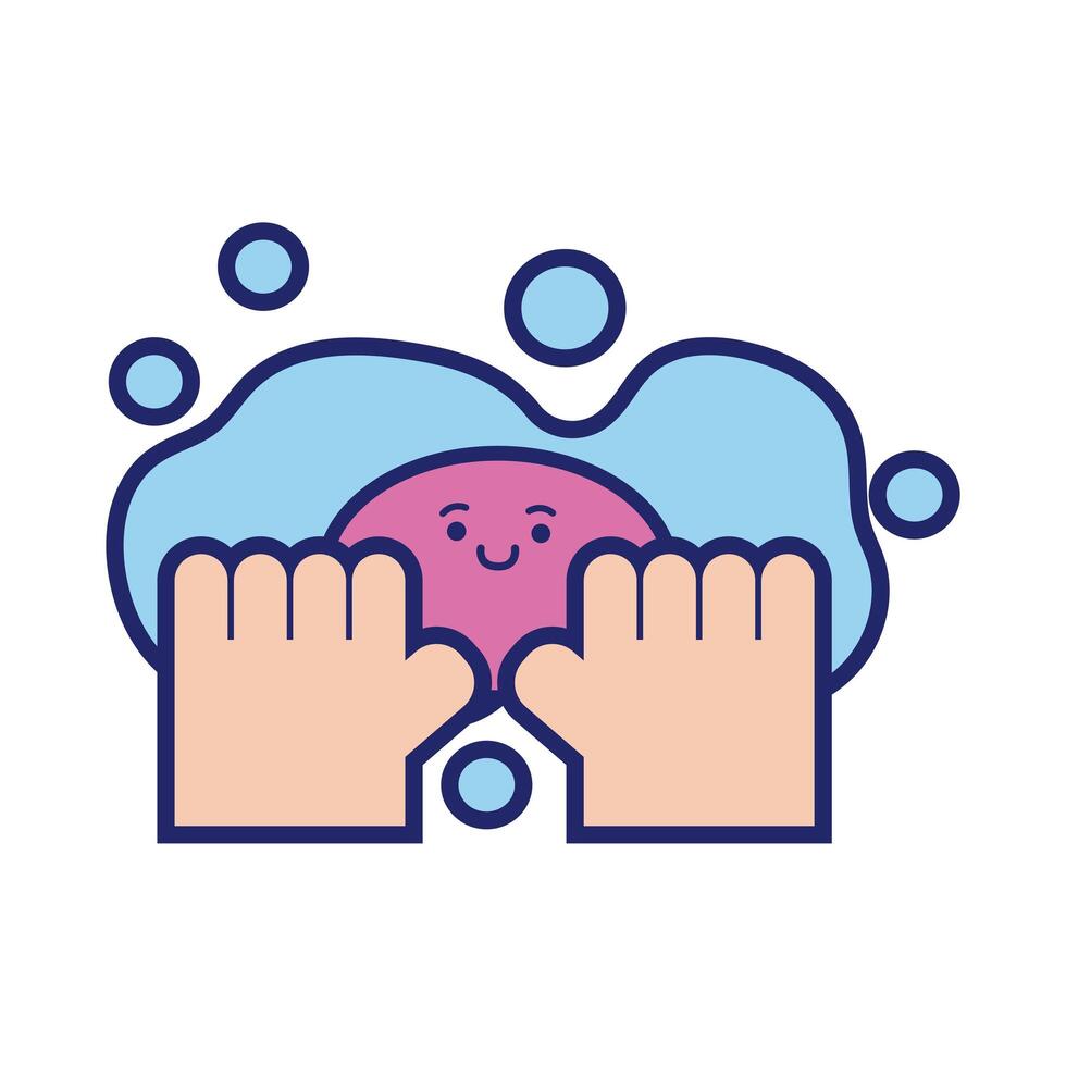 hands washing with soap bar kawaii line style vector