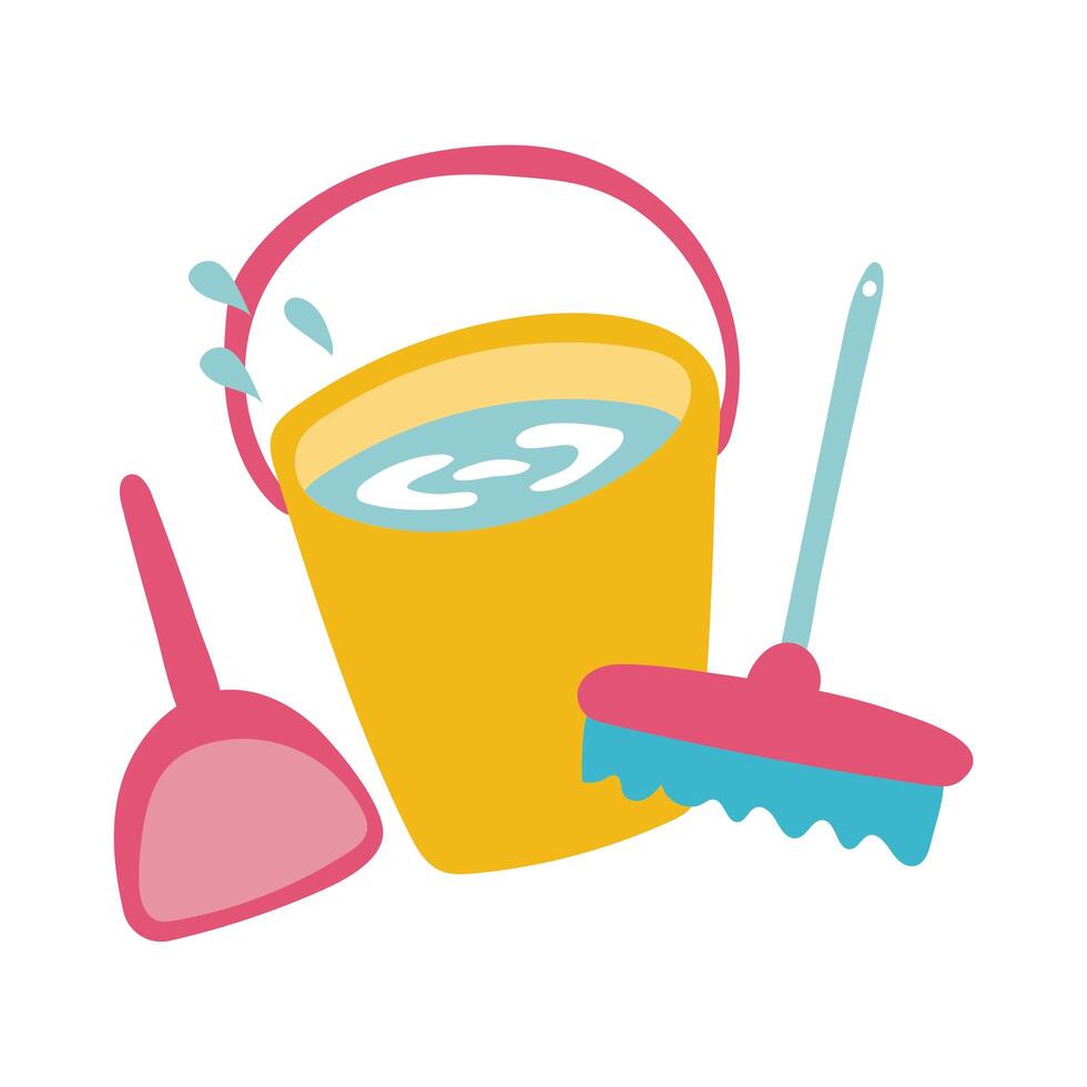 housekeeping bucket and brush flat style vector