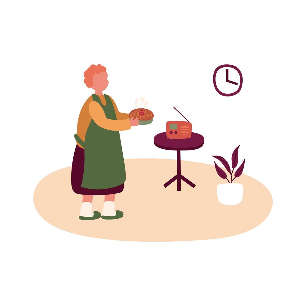 elderly woman cooking pie in home, free form style vector