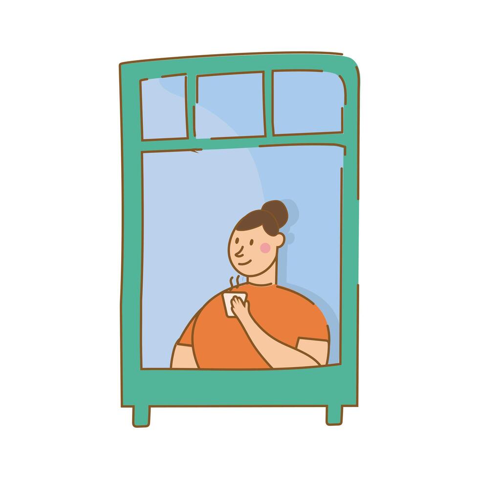 woman drinking coffee in apartment window for quarantine free form style vector