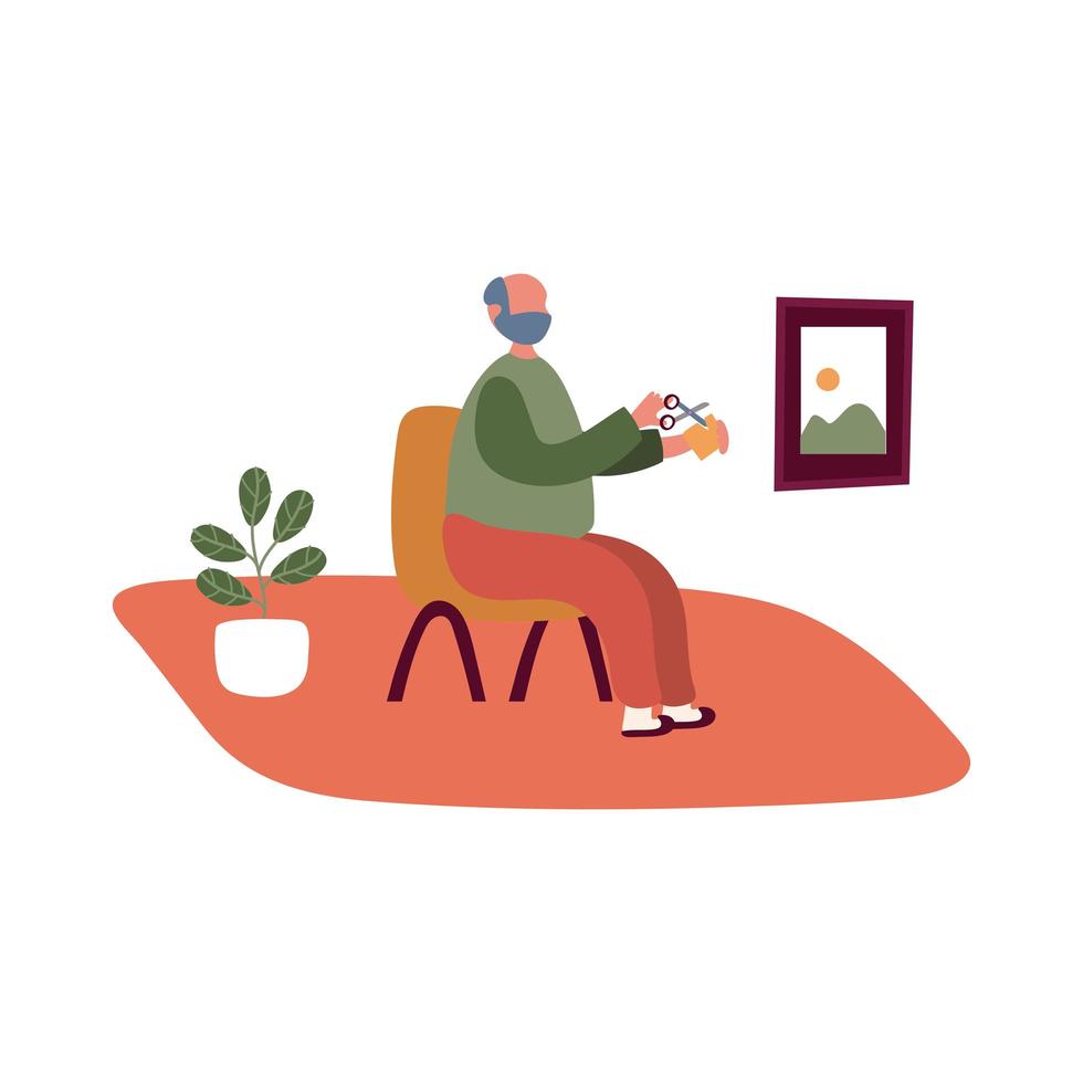 elderly man cutting with scissors, free form style vector