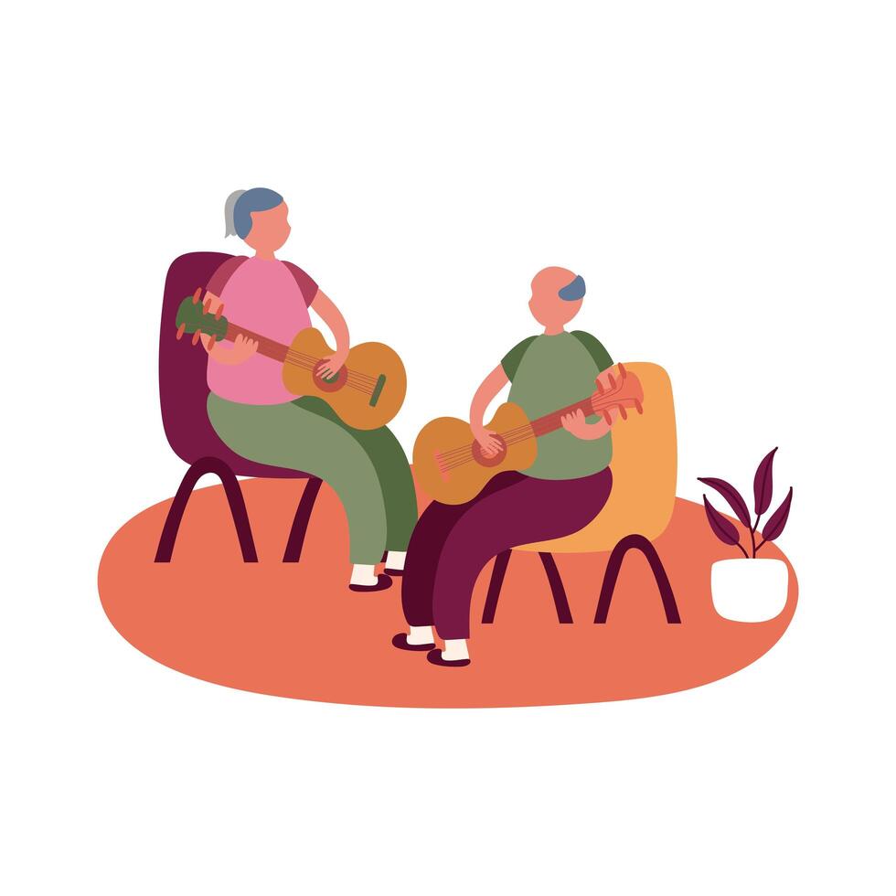 elderly couple playing guitars in home, free form style vector