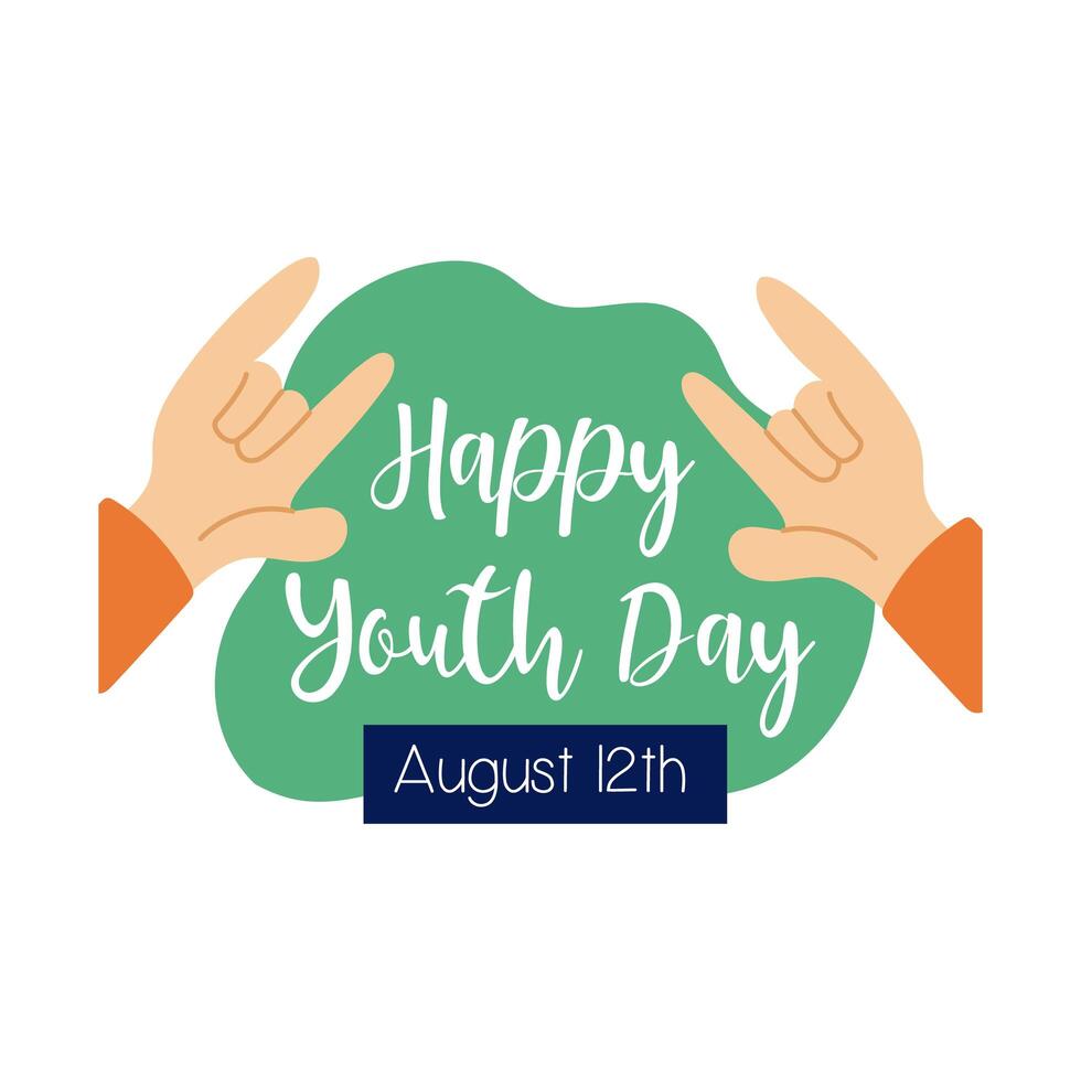 happy youth day lettering with rock and roll hands symbol flat style vector