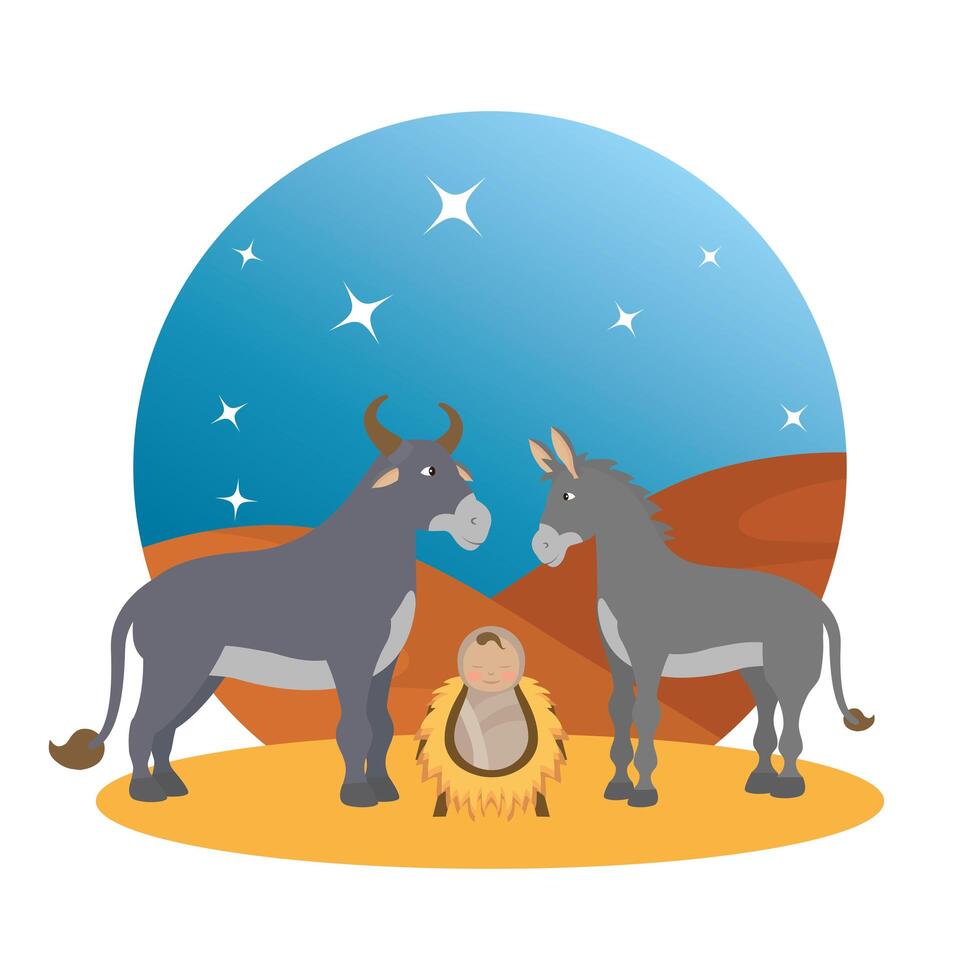 jesus baby with mule and ox manger characters vector