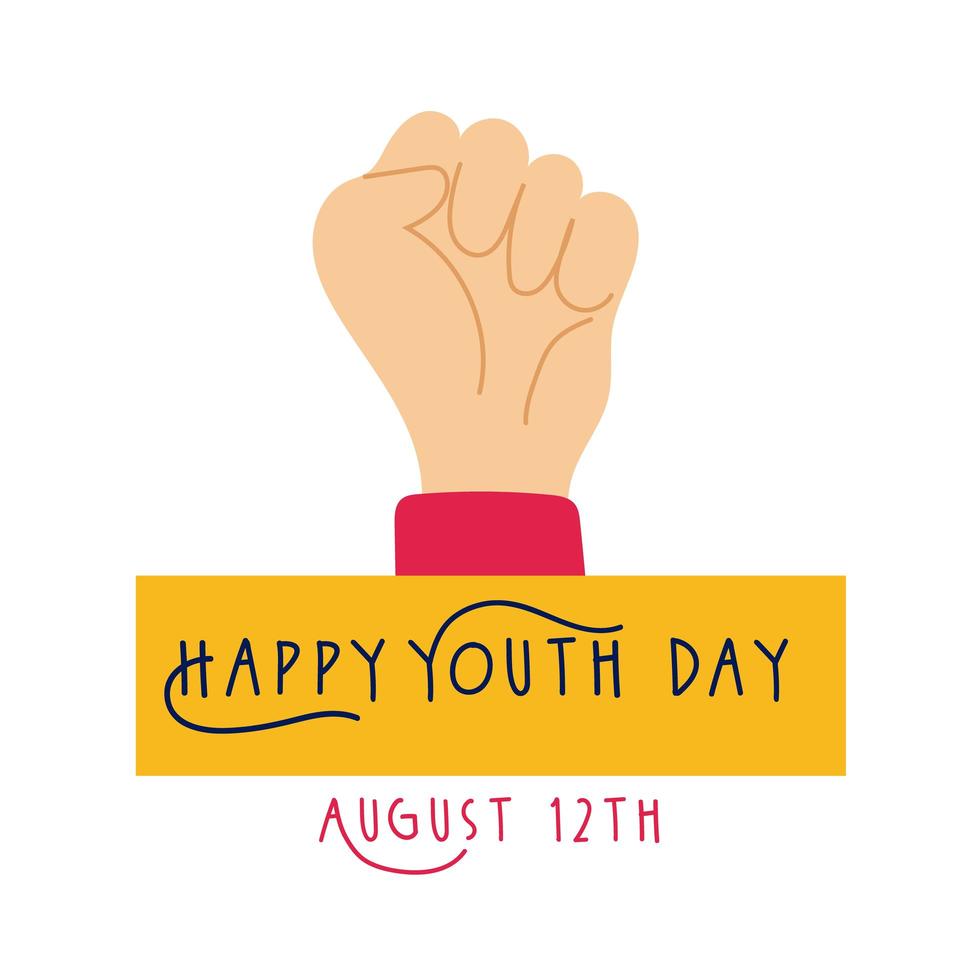 happy youth day lettering with hand fist symbol flat style vector