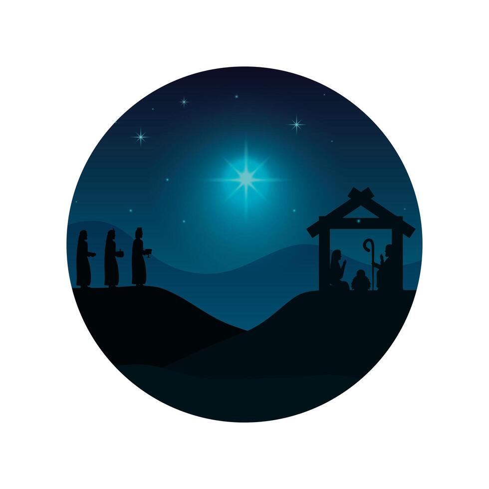 holy family and animals with wise men silhouettes vector