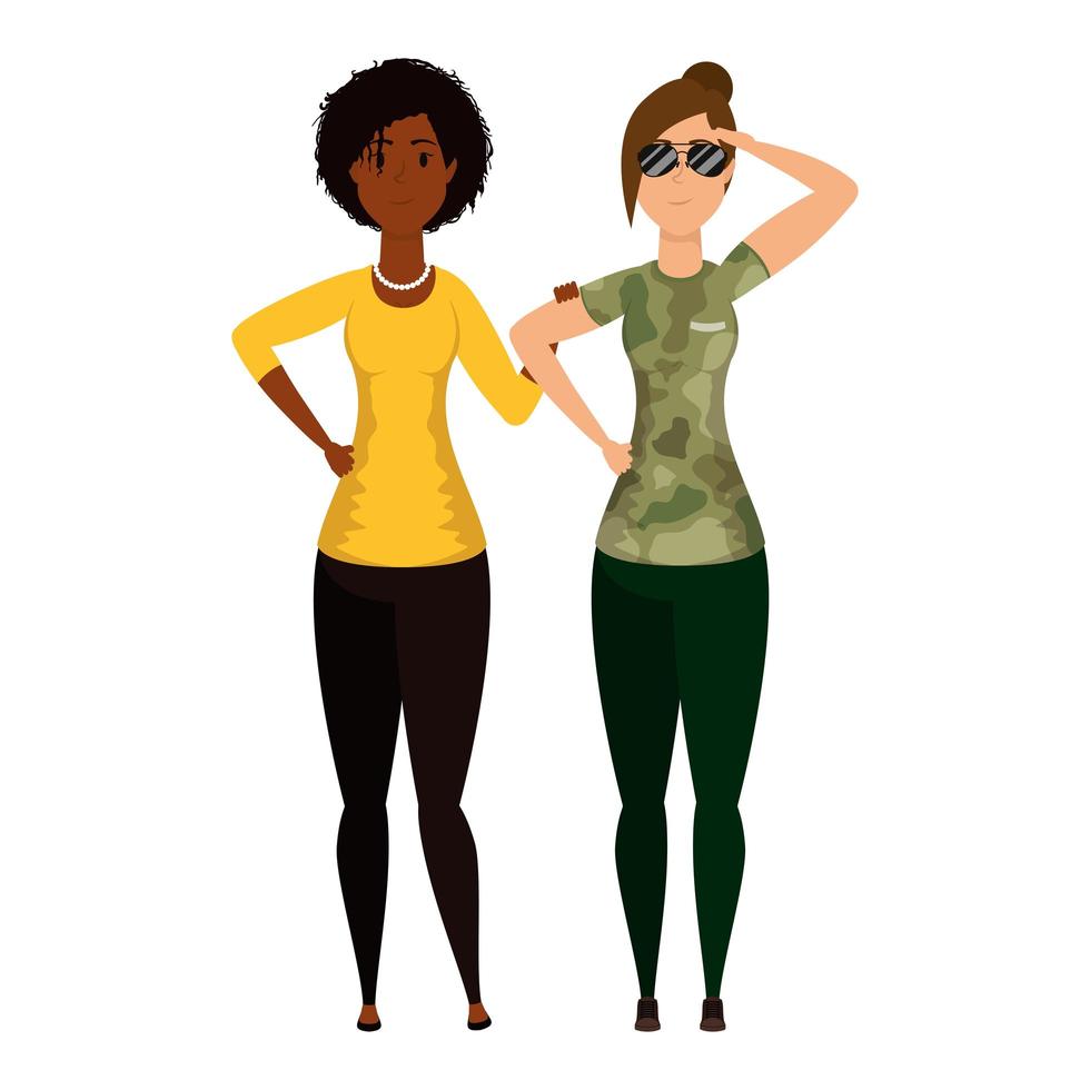 young woman with military clothes and black girl vector