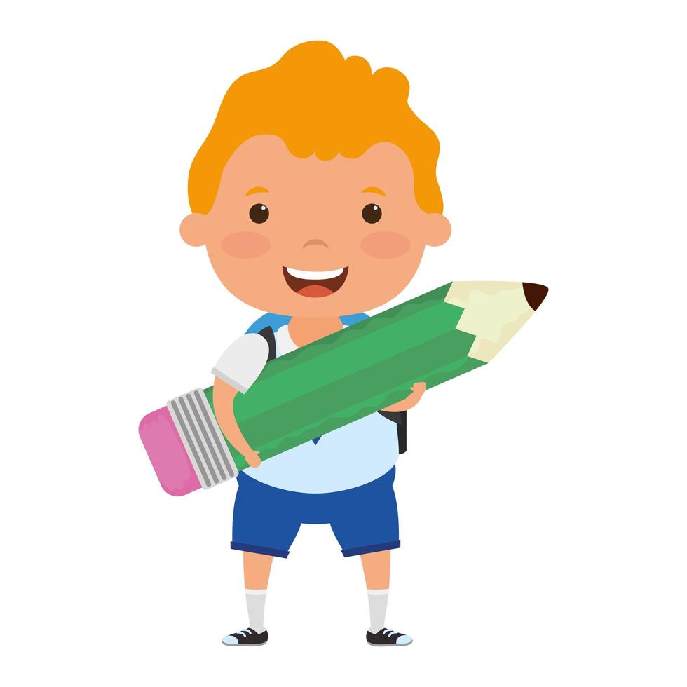 cute little blond student boy with pencil character vector