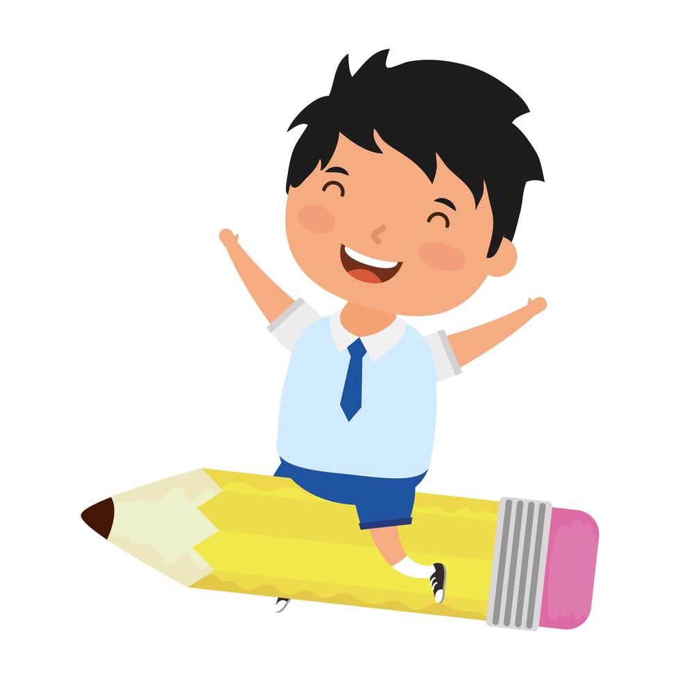 cute little student boy sitting on pencil vector