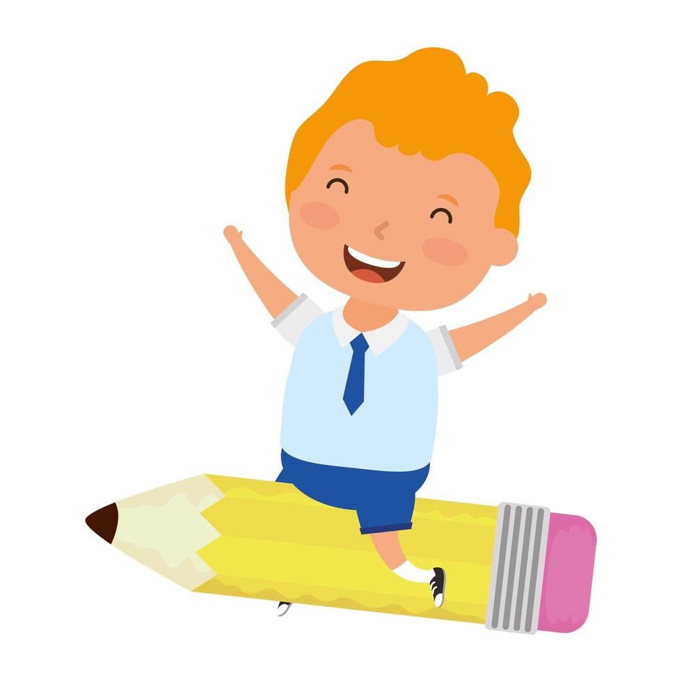 cute blond student boy sitting on pencil vector