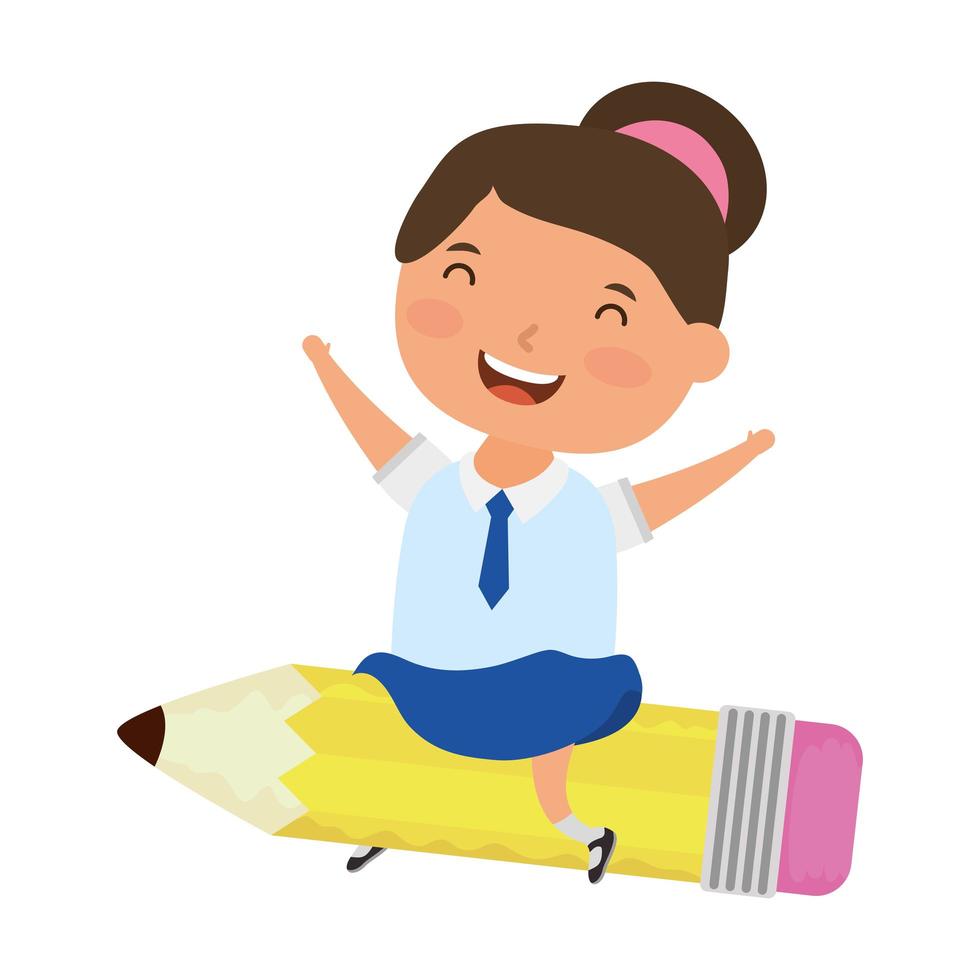 cute little student girl sitting on pencil vector