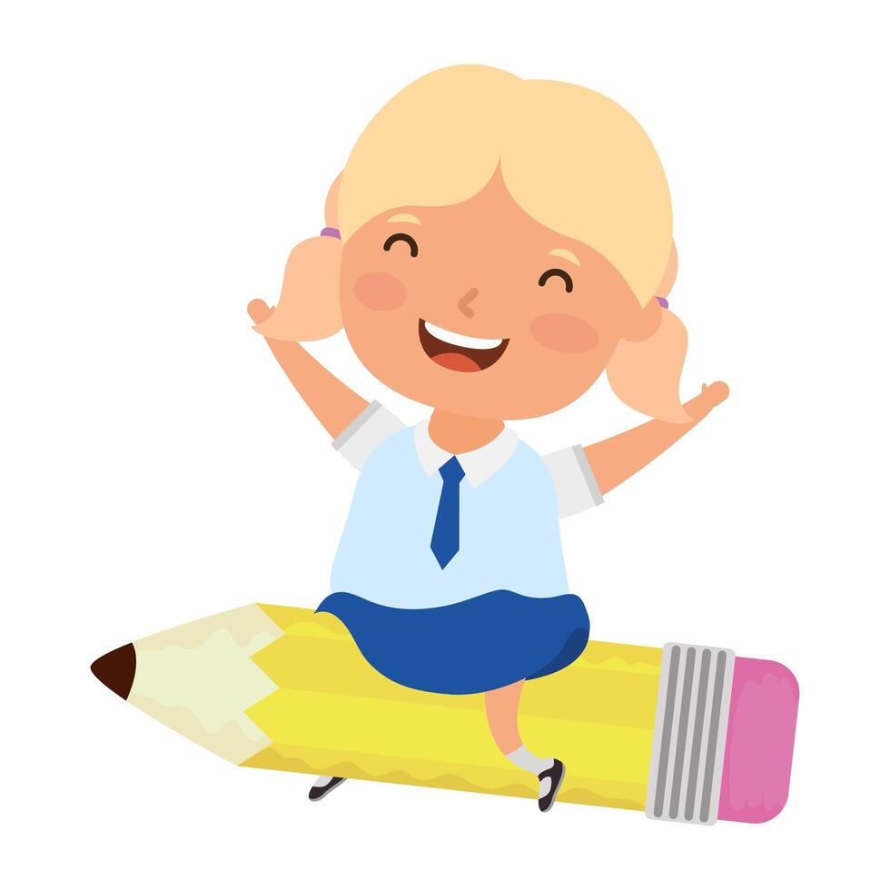 cute little blond girl student sitting on pencil vector