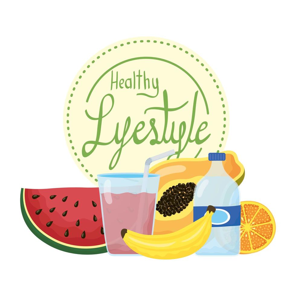 healthy life style lettering and fruit icons vector