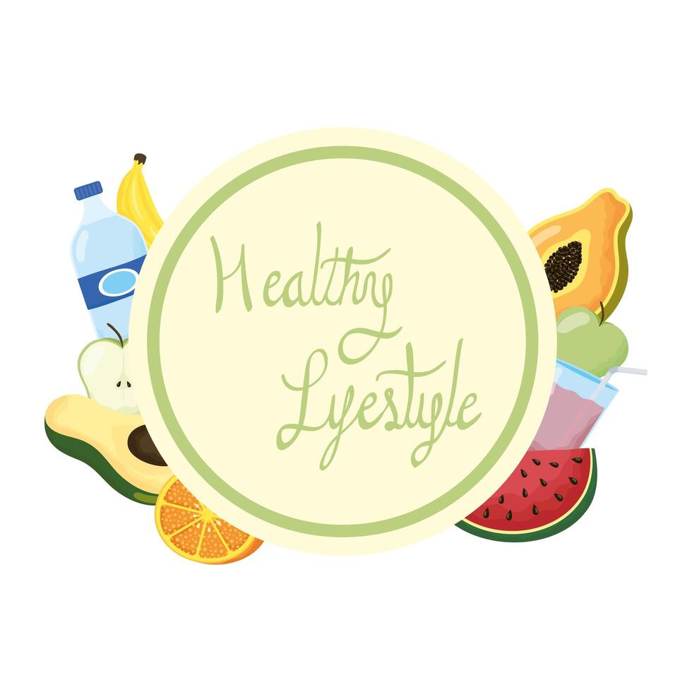 healthy life style lettering and fruit icons vector