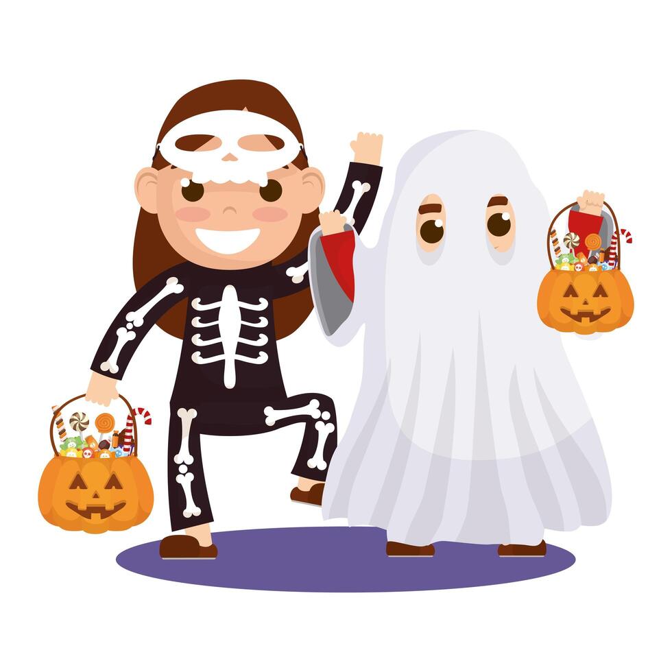 little kids in Halloween costumes vector