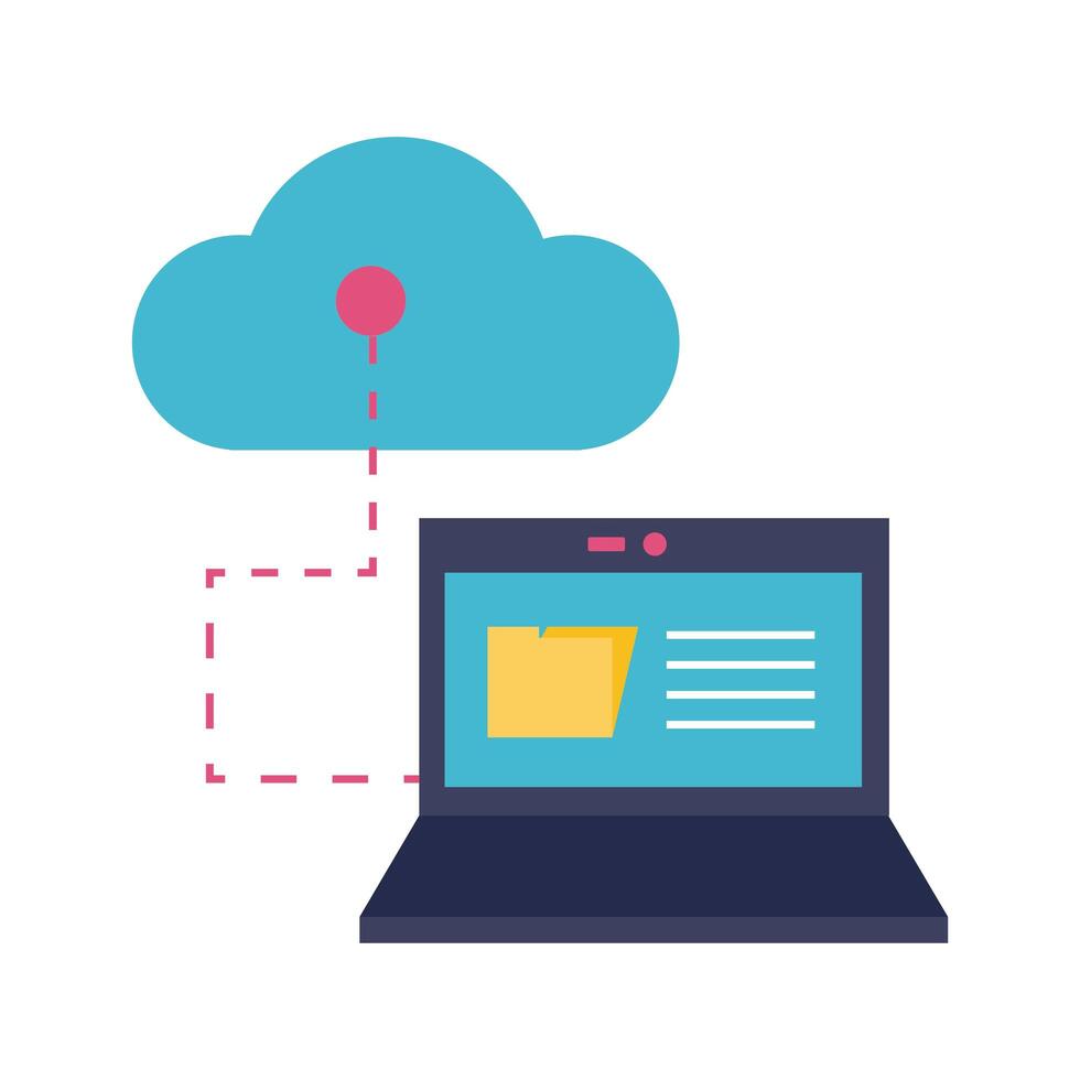 laptop with folder and cloud computing flat style icon vector