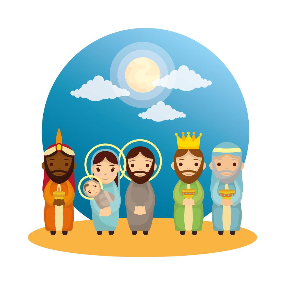 cute holy family and wise men manger characters vector
