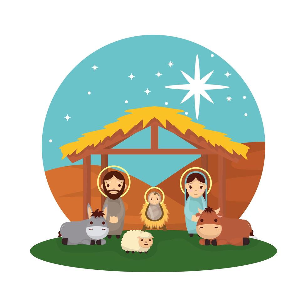 cute holy family and animals manger characters vector
