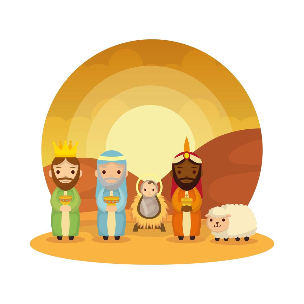 Reyes magos con Jesús pesebre personajes diseño ilustración vectorial vector