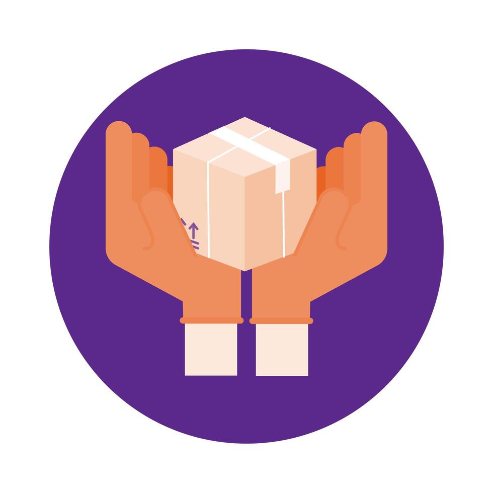 hands lifting box delivery service block style vector