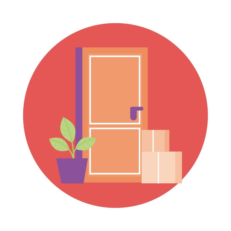 boxes and houseplant in door delivery service block style vector