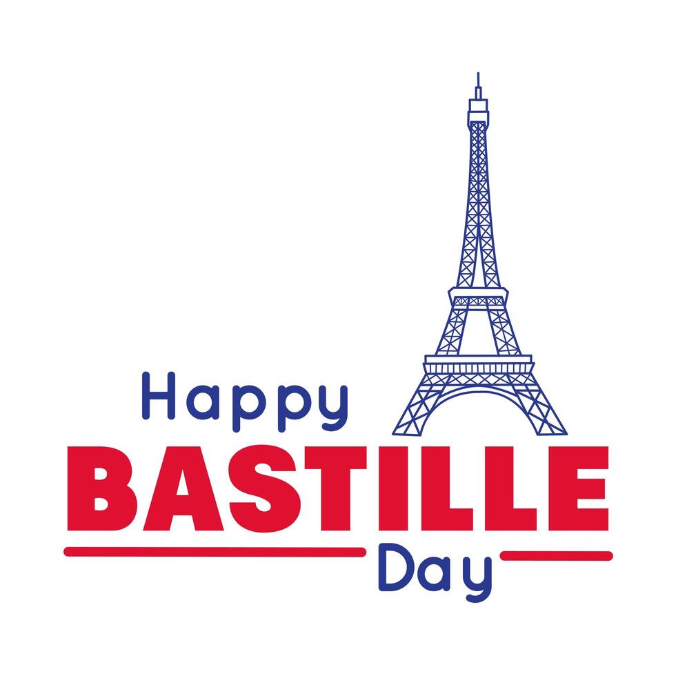 bastille day lettering with eiffel tower hand draw style vector