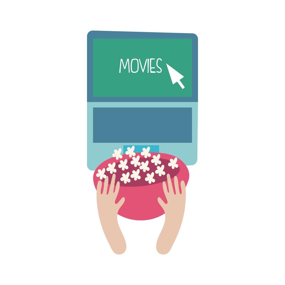 person eating pop corn laptop online with movies flat style vector