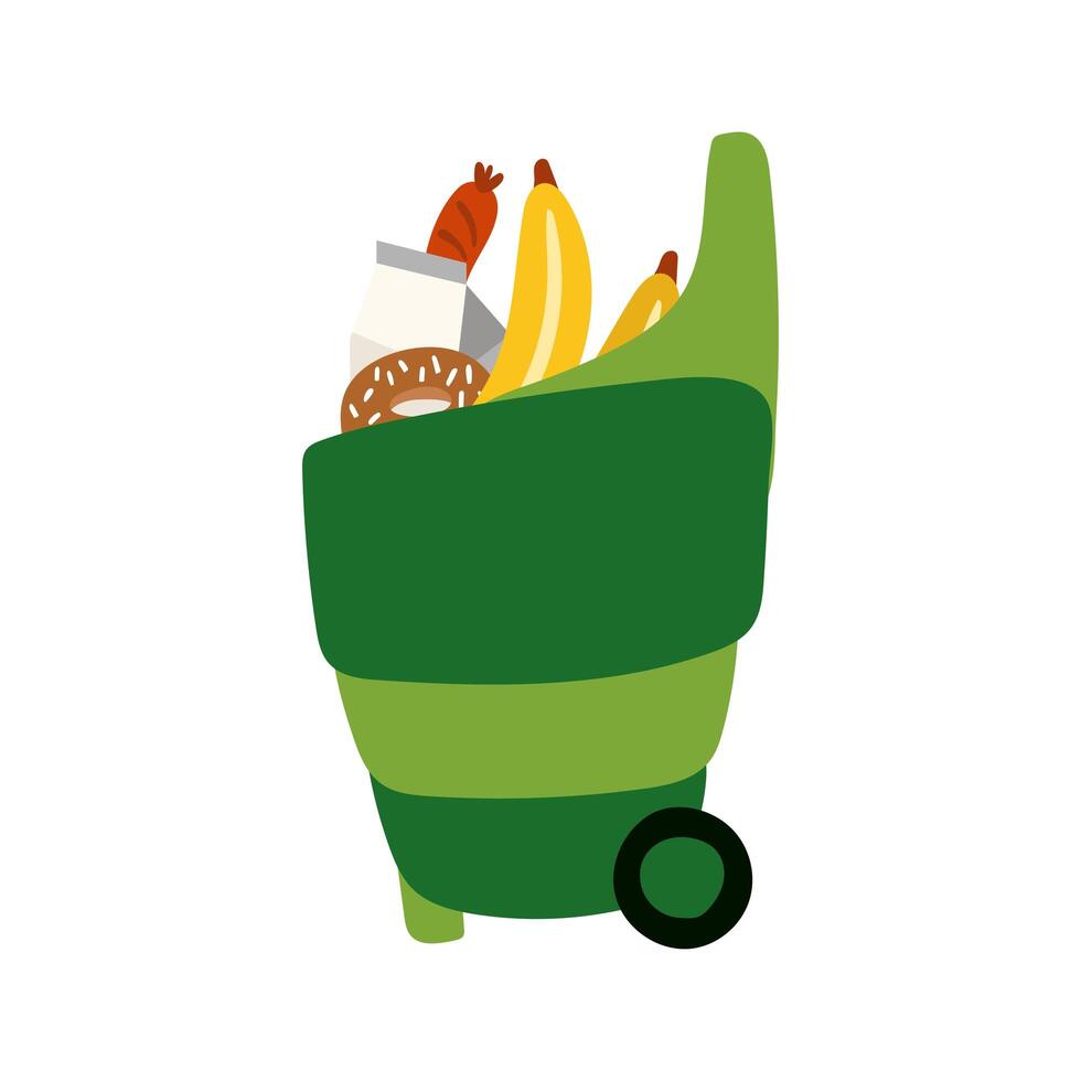 groceries in shopping basket with wheels free form style vector